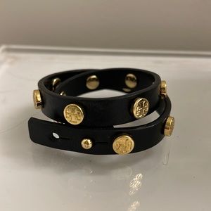 Tory Burch Black Leather Wrap Bracelet Gold Hardware